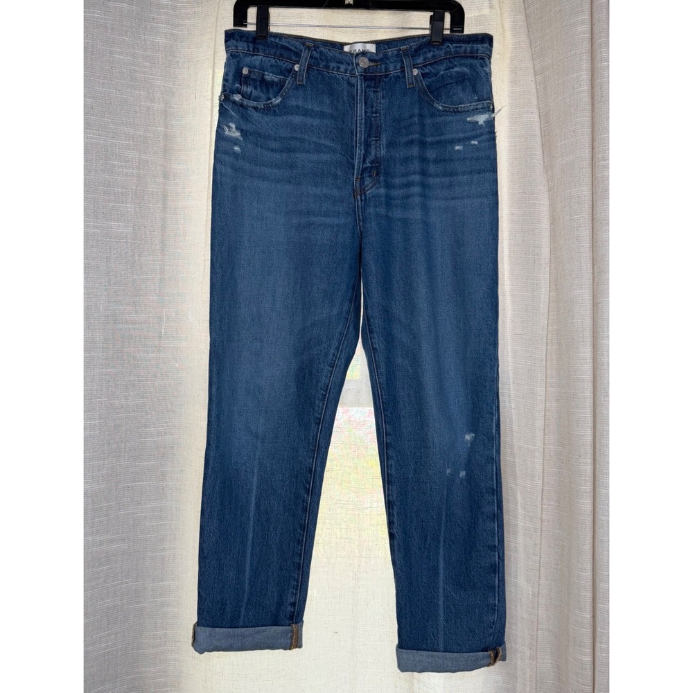 FRAME Le Mec Distressed High Rise Straight Leg Jeans Blue Button Fly Women's 28